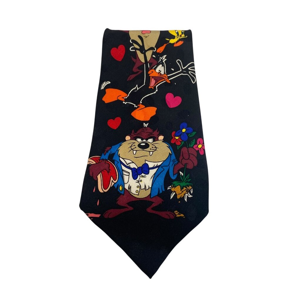 Vintage Looney Tunes Silk Nostalgia Taz Daffy Tweety Necktie Tie Mens 57" Black